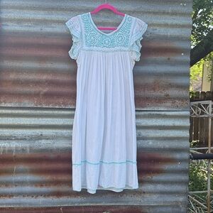 Vintage handmade Gauze Dress with Turquoise Embroidery